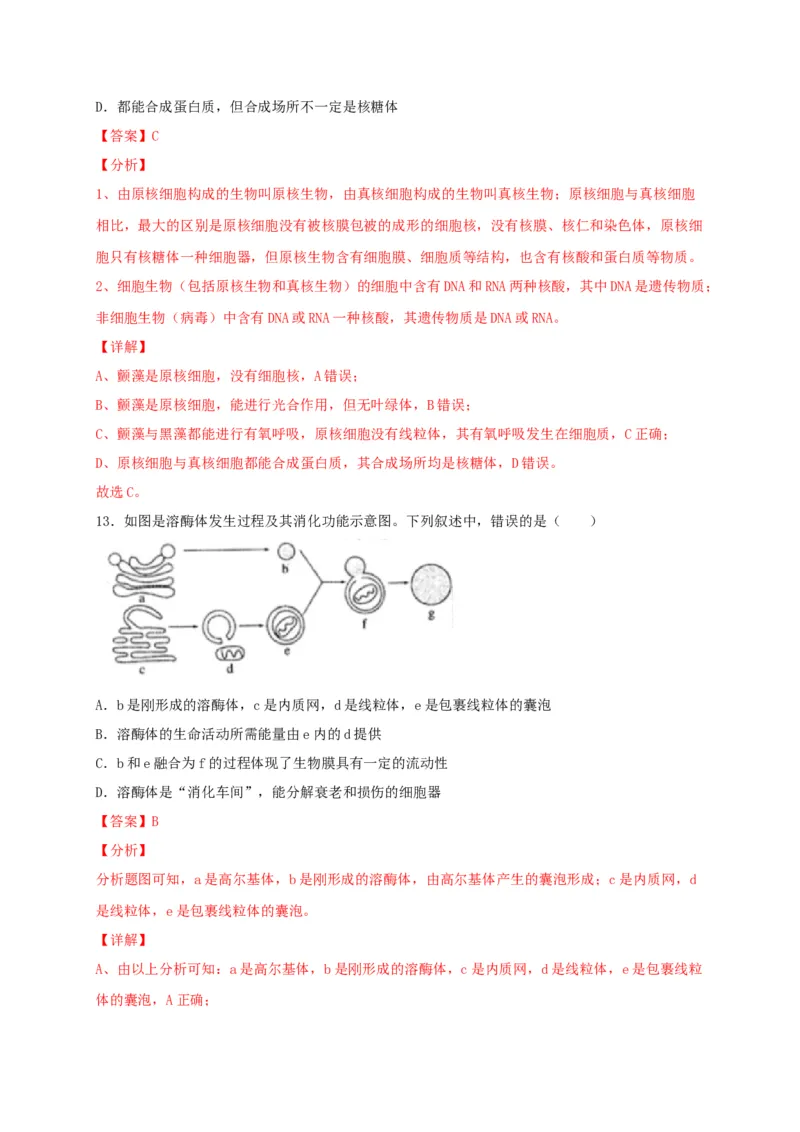 高一生物上学期期末测试卷02（人教版必修1）（解析版）_高中九科知识点归纳。_人教版高中Word电子版试卷练习试题知识点全科_高中生物试卷习题_生物必修_必修1_1.模拟题
