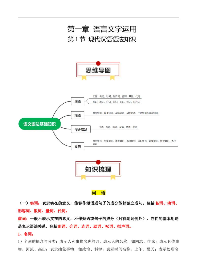 第1节现代汉语语法知识-口袋书2024年高考语文一轮复习知识清单（全国通用）（解析版）_01高考语文_通用版（老高考）复习资料_2024年复习资料_第1章语言文字运用