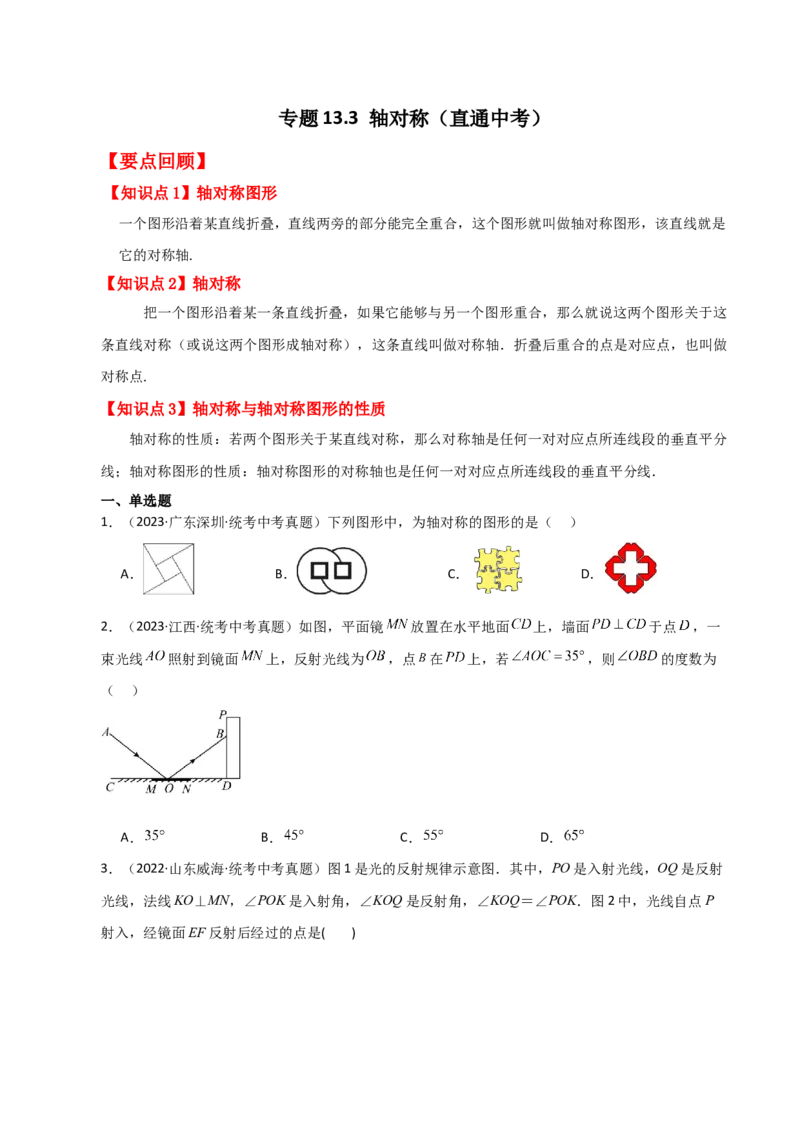 专题13.3轴对称（直通中考）-（人教版）_初中数学_八年级数学上册（人教版）_专题突破练习-V4_2024版