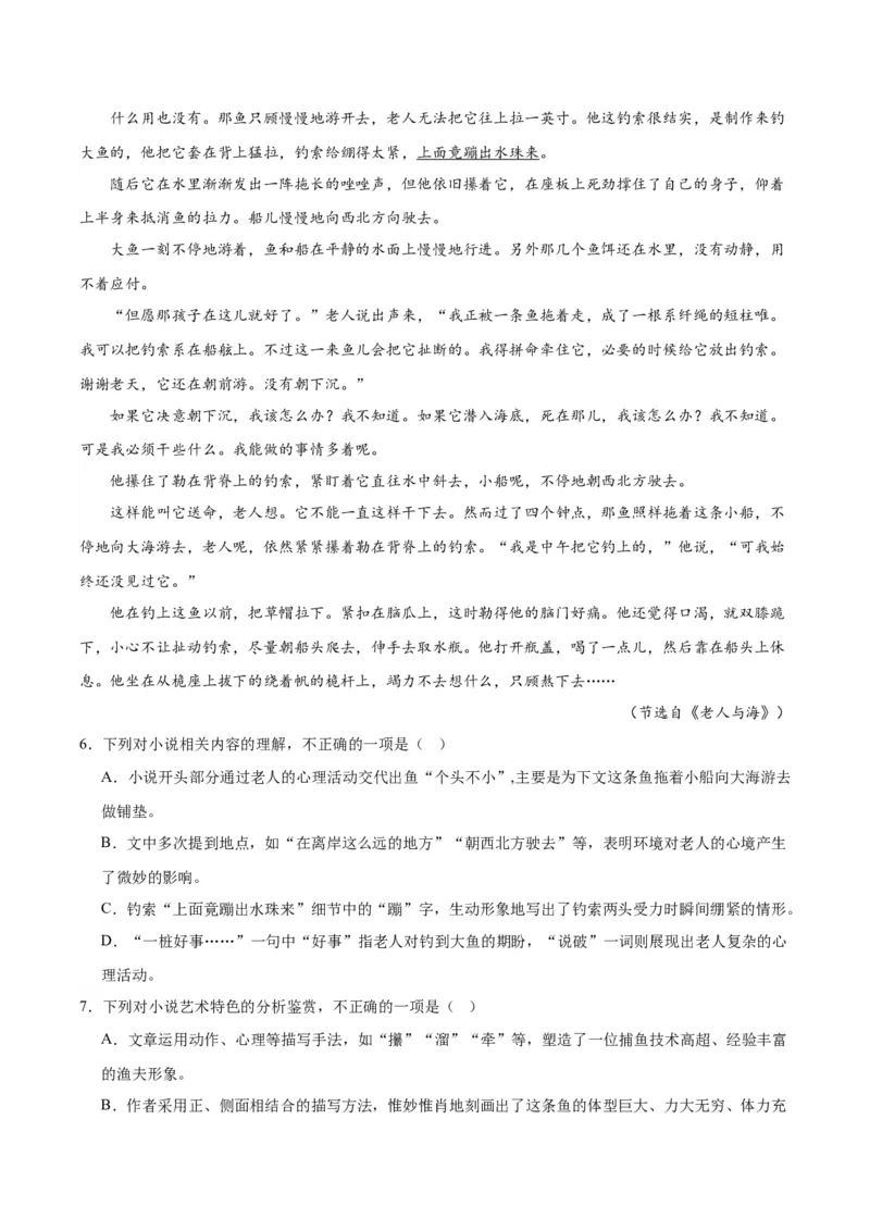 10《老人与海（节选）》（分层作业）（解析版）_高语_高中语文_选择性必修上册_分层作业