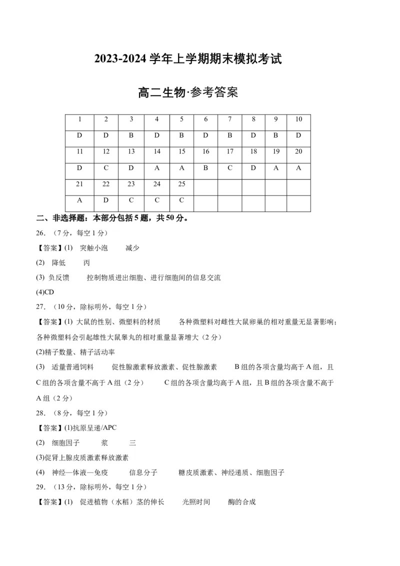 期末模拟卷01（参考答案）_高中九科知识点归纳。_人教版高中Word电子版试卷练习试题知识点全科_高中生物试卷习题_生物选修_选修1_人教版生物选修一期末试卷（012份）