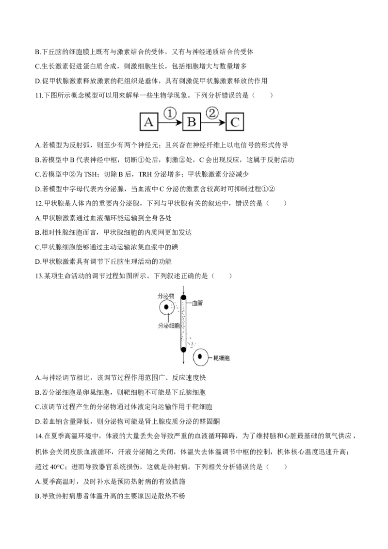 第3章体液调节（测试卷）-高二生物章末检测卷（人教版2019选择性必修1）（原卷版）_高中九科知识点归纳。_人教版高中Word电子版试卷练习试题知识点全科_高中生物试卷习题_生物选修