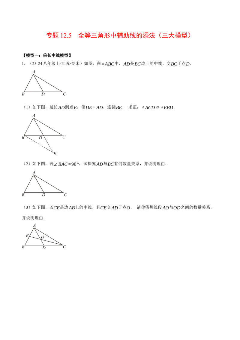 专题12.5全等三角形中辅助线的添法（三大模型）（压轴题专项讲练）（人教版）（学生版）_初中数学_八年级数学上册（人教版）_压轴题专项-V5_2025版