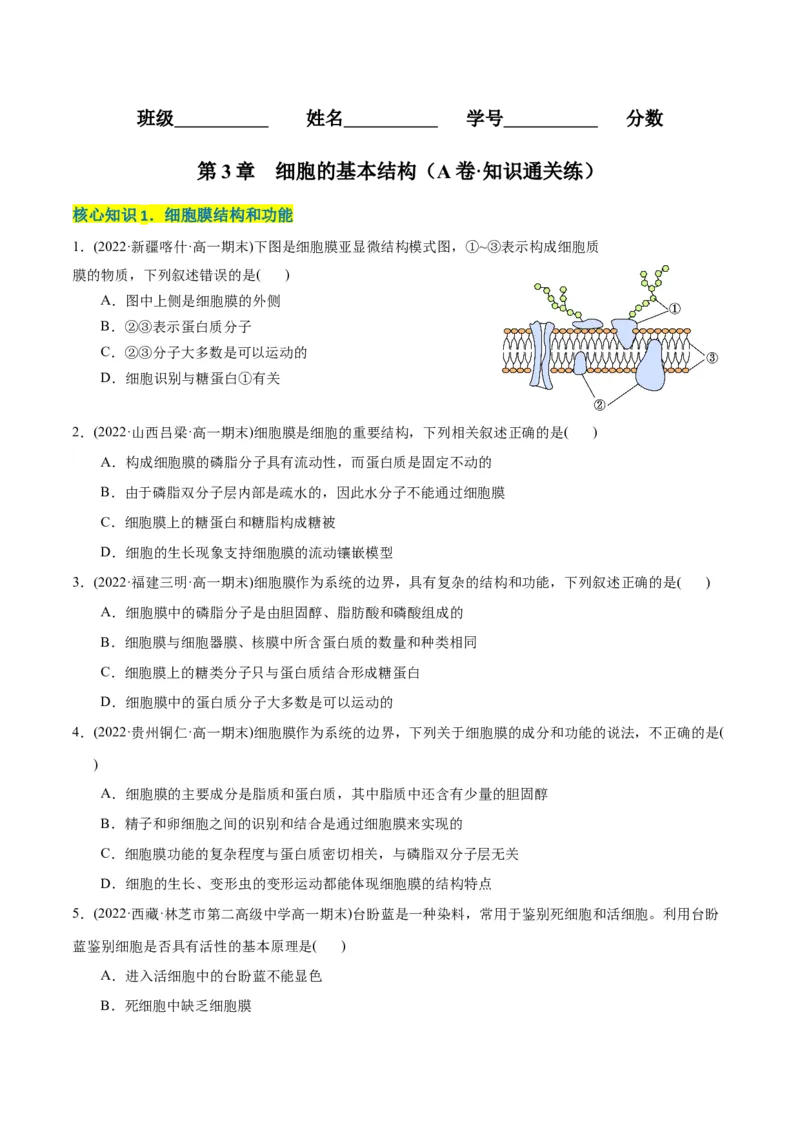 第3章细胞的基本结构（A卷&middot;知识通关练）（原卷版）_高中九科知识点归纳。_人教版高中Word电子版试卷练习试题知识点全科_高中生物试卷习题_生物必修_必修1_1.单元测试AB卷（第一套）