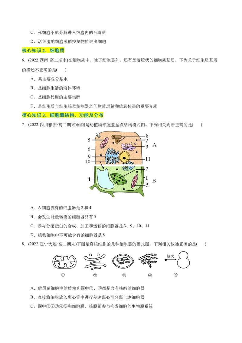 第3章细胞的基本结构（A卷&middot;知识通关练）（原卷版）_高中九科知识点归纳。_人教版高中Word电子版试卷练习试题知识点全科_高中生物试卷习题_生物必修_必修1_1.单元测试AB卷（第一套）