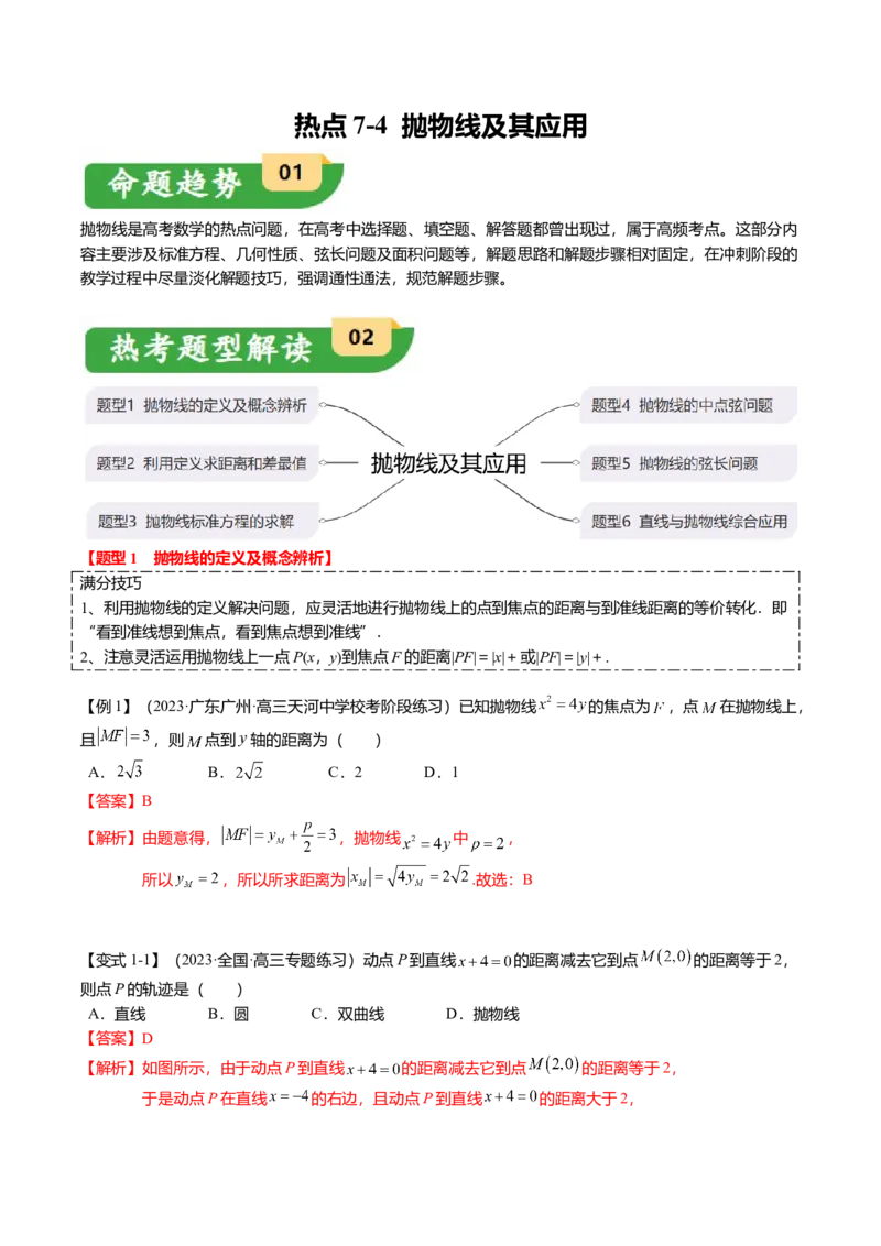 热点7-4抛物线及其应用（6题型+满分技巧+限时检测）（解析版）_2.2025数学总复习_2024年新高考资料_3.2024专项复习_2024年高考数学热点&middot;重点&middot;难点专练（新高考专用）