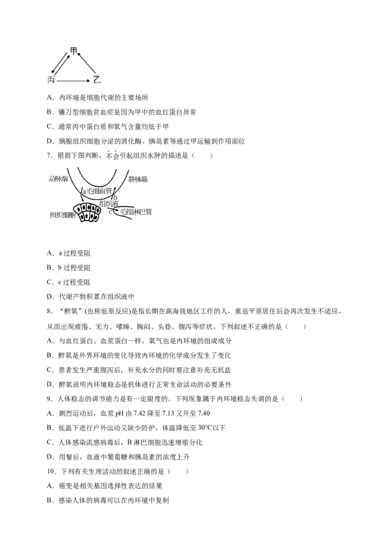 第1章人体的内环境与稳态单元测试卷人教版（2019）高中生物选择性必修1_高中九科知识点归纳。_人教版高中Word电子版试卷练习试题知识点全科_高中生物试卷习题_生物选修_选修1_第一章