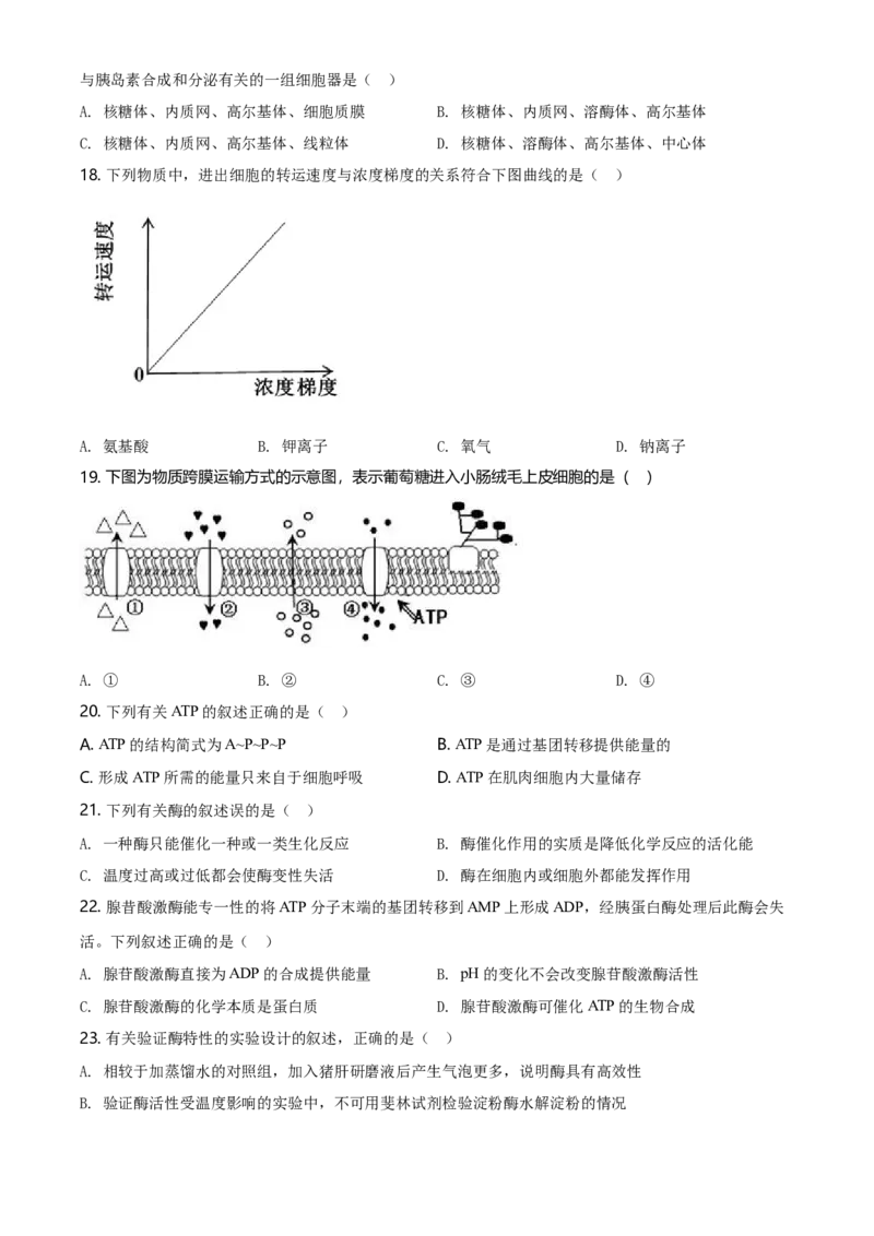 精品解析：江苏省南京市高一上学期期末学情调研生物试题（原卷版）_高中九科知识点归纳。_人教版高中Word电子版试卷练习试题知识点全科_高中生物试卷习题_生物必修_必修1_2.各地真题