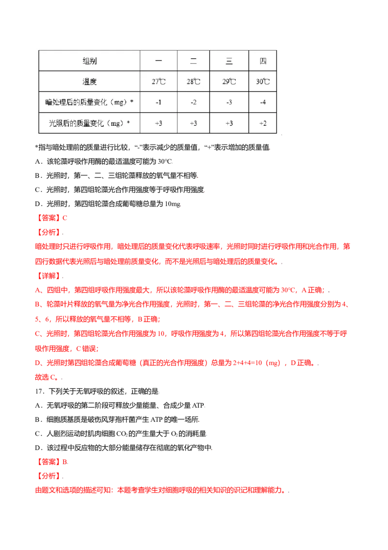 第五章章末测试-高一生物课后培优练（人教版2019必修1）（解析版）_高中九科知识点归纳。_人教版高中Word电子版试卷练习试题知识点全科_高中生物试卷习题_生物必修_必修1
