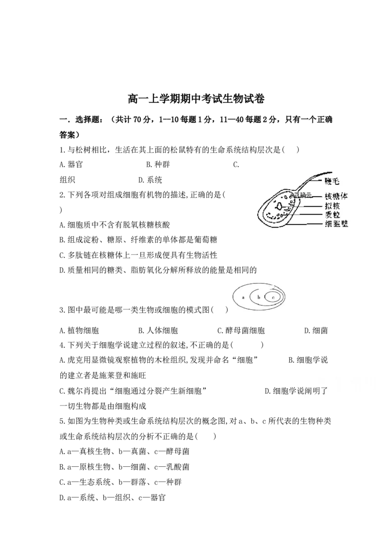 辽宁省大连市旅顺口区高一上学期期中考试生物试卷_高中九科知识点归纳。_人教版高中Word电子版试卷练习试题知识点全科_高中生物试卷习题_生物必修_必修1
