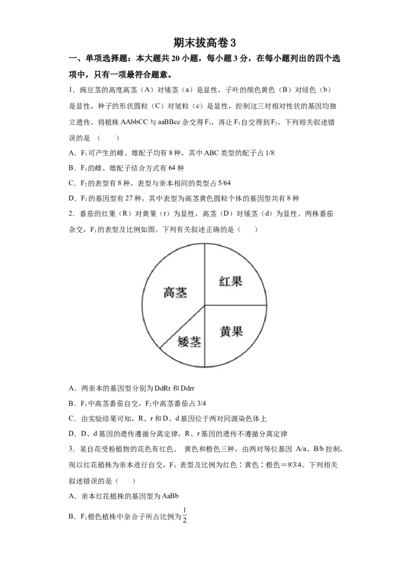 期末拔高卷3-冲刺期末高一生物下学期期末拔高冲刺卷（2019人教版）（原卷版）_高中九科知识点归纳。_人教版高中Word电子版试卷练习试题知识点全科_高中生物试卷习题_生物必修