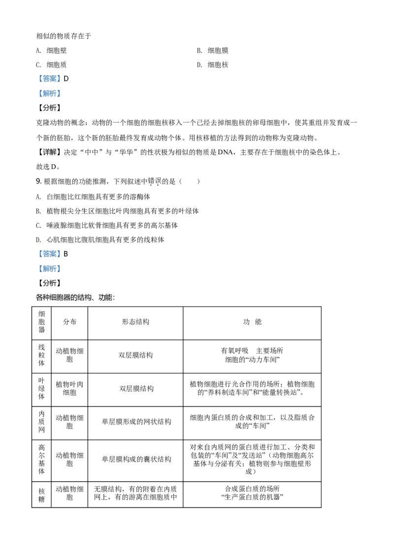 精品解析：北京市东城区高一上学期期末生物试题（解析版）_高中九科知识点归纳。_人教版高中Word电子版试卷练习试题知识点全科_高中生物试卷习题_生物必修_必修1_2.各地真题