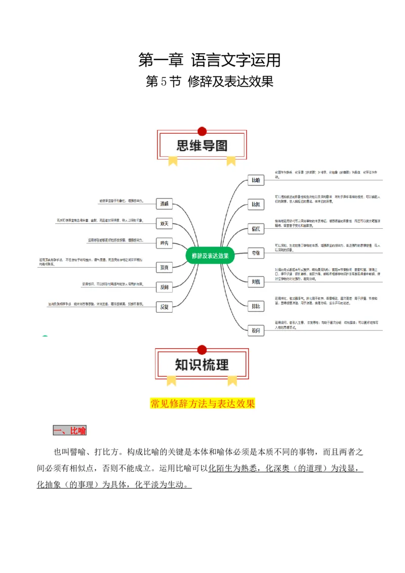 第5节修辞及表达效果-口袋书2024年高考语文一轮复习知识清单（全国通用）（原卷版）_01高考语文_通用版（老高考）复习资料_2024年复习资料_第1章语言文字运用