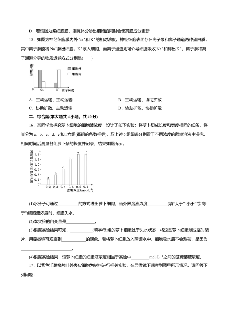 第04章细胞的物质输入和输出（B卷）（原卷版）_高中九科知识点归纳。_人教版高中Word电子版试卷练习试题知识点全科_高中生物试卷习题_生物必修_必修1_3.单元测试（第三套）