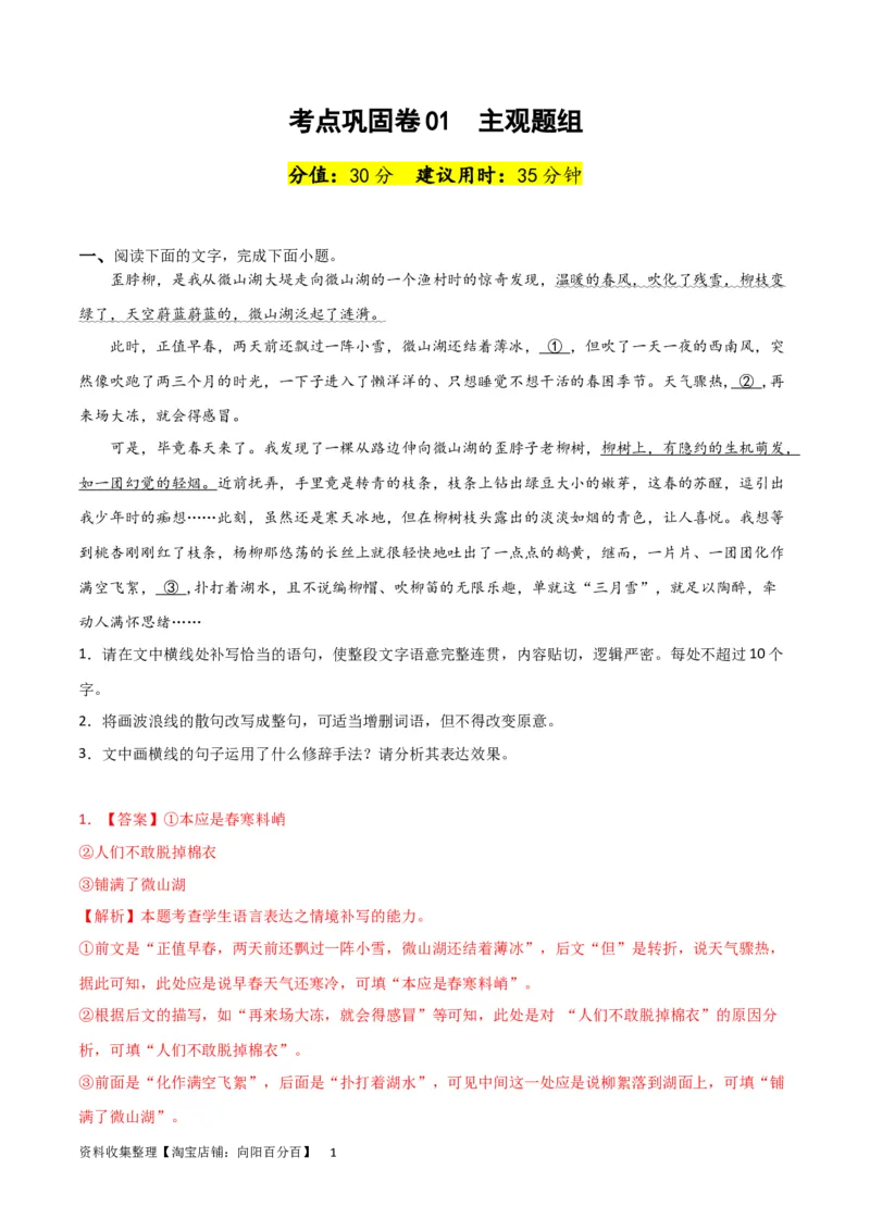 考点巩固卷01主观题组-2024年高考语文一轮复习考点通关卷（新高考通用）（解析版）_01高考语文_新高考复习资料_2024年新高考资料_一轮复习资料_专题三语言文字运用