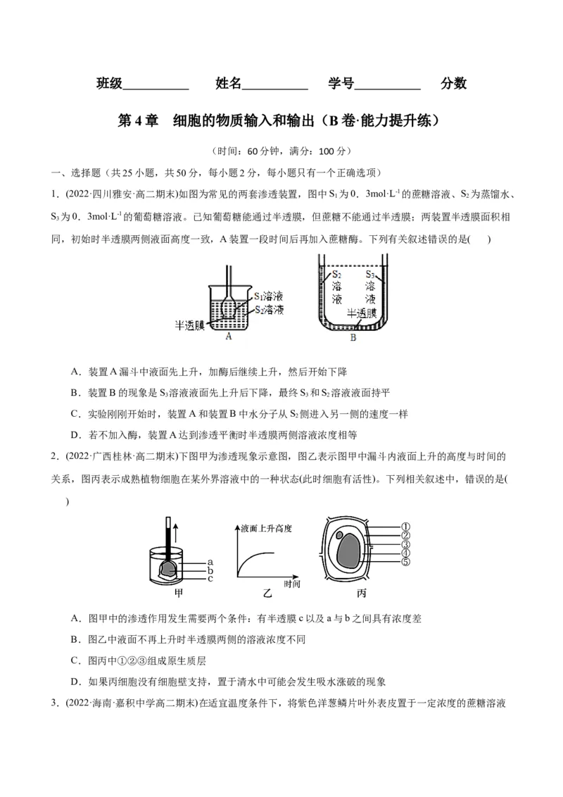 第4章细胞的物质输入和输出（B卷&middot;能力提升练）（原卷版）_高中九科知识点归纳。_人教版高中Word电子版试卷练习试题知识点全科_高中生物试卷习题_生物必修_必修1