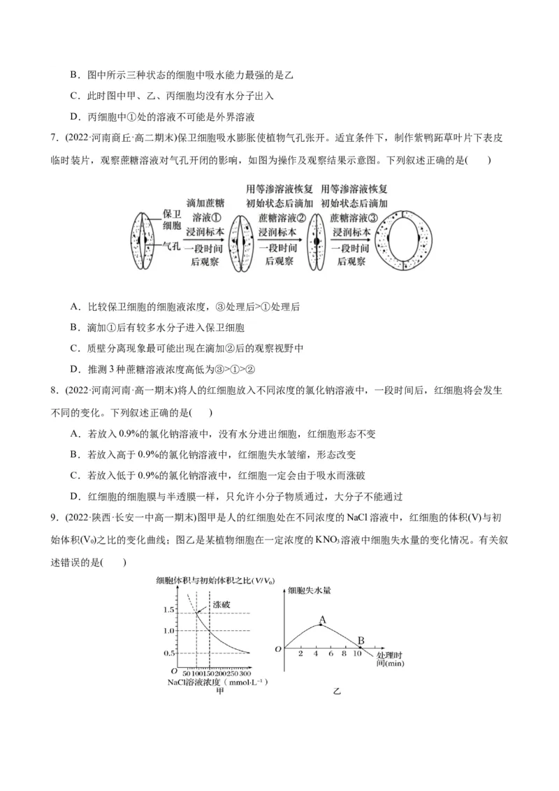 第4章细胞的物质输入和输出（B卷&middot;能力提升练）（原卷版）_高中九科知识点归纳。_人教版高中Word电子版试卷练习试题知识点全科_高中生物试卷习题_生物必修_必修1