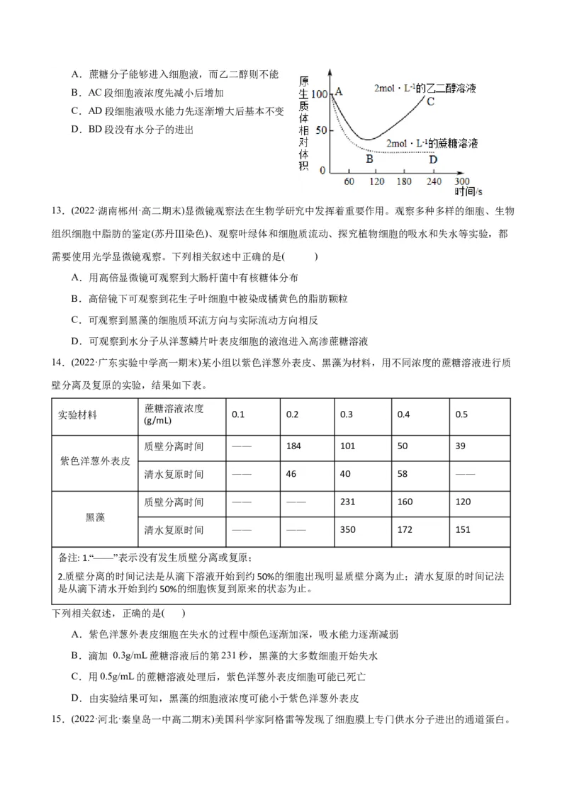 第4章细胞的物质输入和输出（B卷&middot;能力提升练）（原卷版）_高中九科知识点归纳。_人教版高中Word电子版试卷练习试题知识点全科_高中生物试卷习题_生物必修_必修1