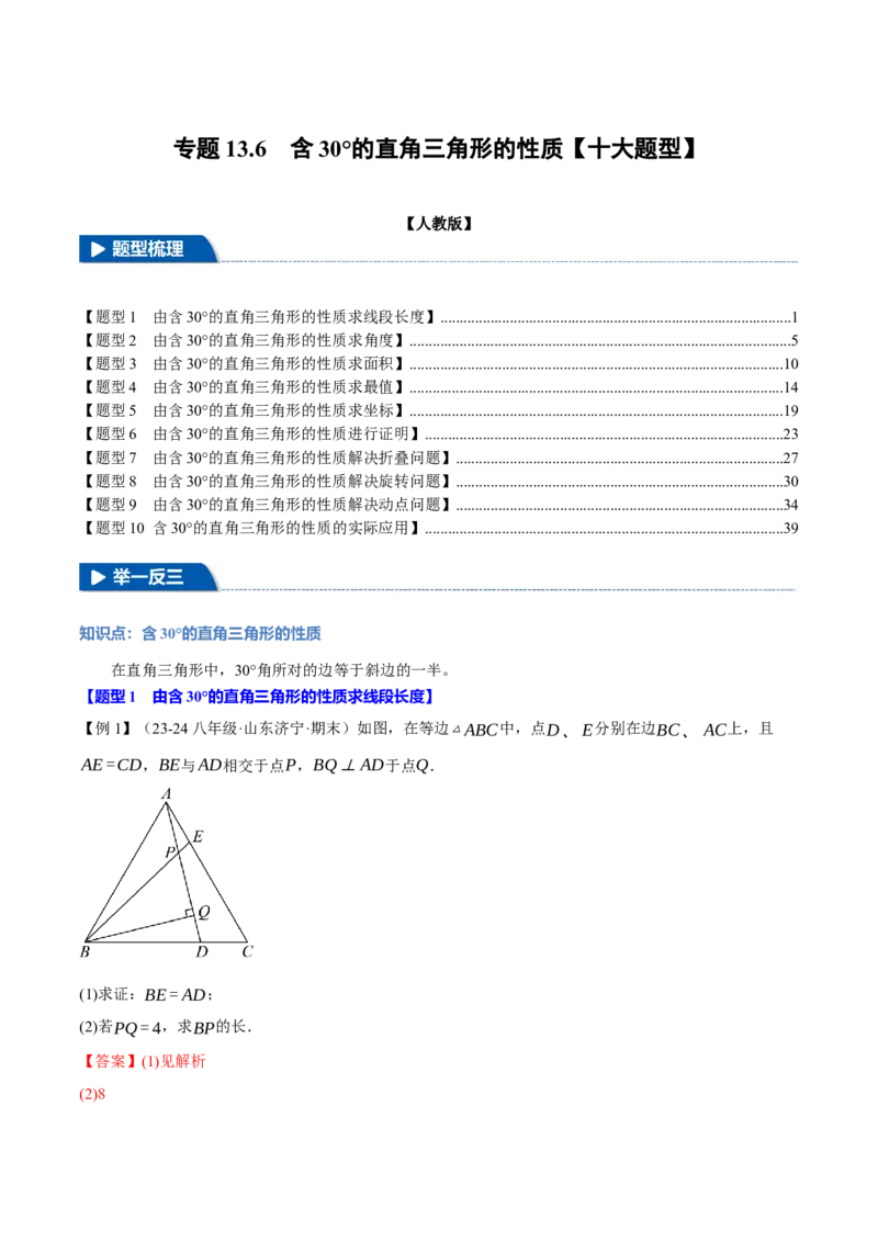 专题13.6含30&deg;的直角三角形的性质（十大题型）（举一反三）（人教版）（教师版）_初中数学_八年级数学上册（人教版）_母题专项-U66_2025版