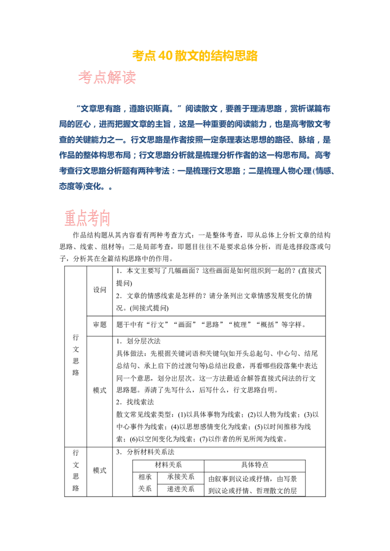 考点40散文的结构思路_01高考语文_新高考复习资料_2024年新高考资料_一轮复习资料_完备战2024年高考语文一轮复习考点帮（新高考专用）