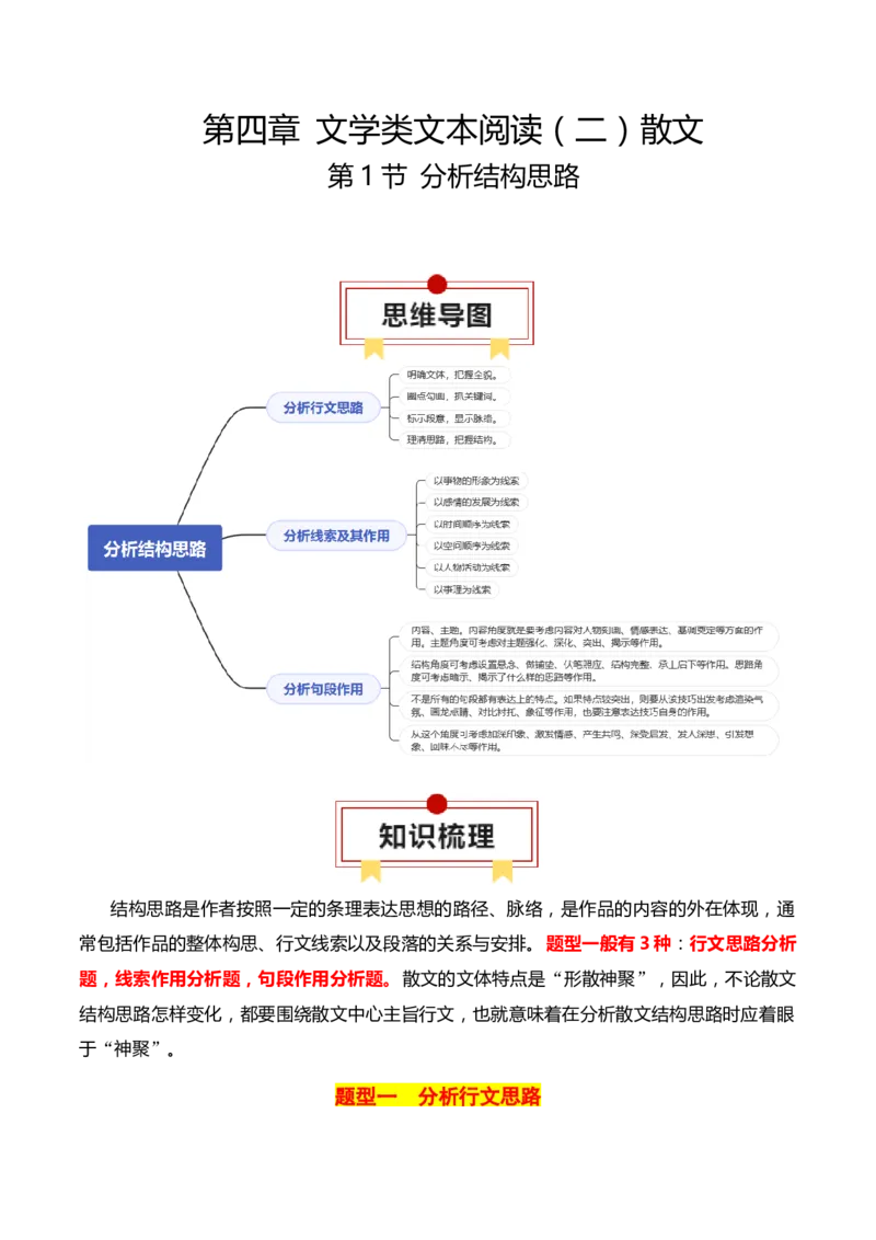 第1节分析结构思路-口袋书2024年高考语文一轮复习知识清单（全国通用）（原卷版）_01高考语文_通用版（老高考）复习资料_2024年复习资料_第4章文学类文本阅读（二）散文