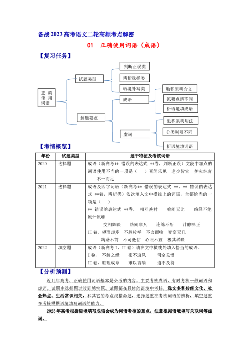 解密01正确使用词语（成语）（分层训练）（解析版）_01高考语文_32023年新高考资料_二轮复习_高频考点2023年高考语文二轮复习课件+分层训练（新高考专用）