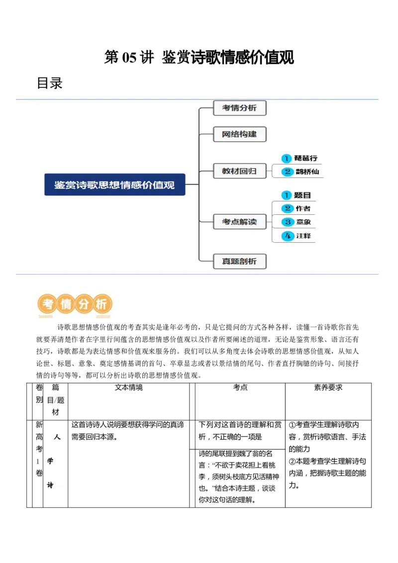 第05讲鉴赏诗歌情感价值观（讲义）（原卷版）_01高考语文_新高考复习资料_2024年新高考资料_一轮复习资料_高考语文一轮复习讲练测（课件+讲义+练习）（新高考）_专题二诗歌鉴赏