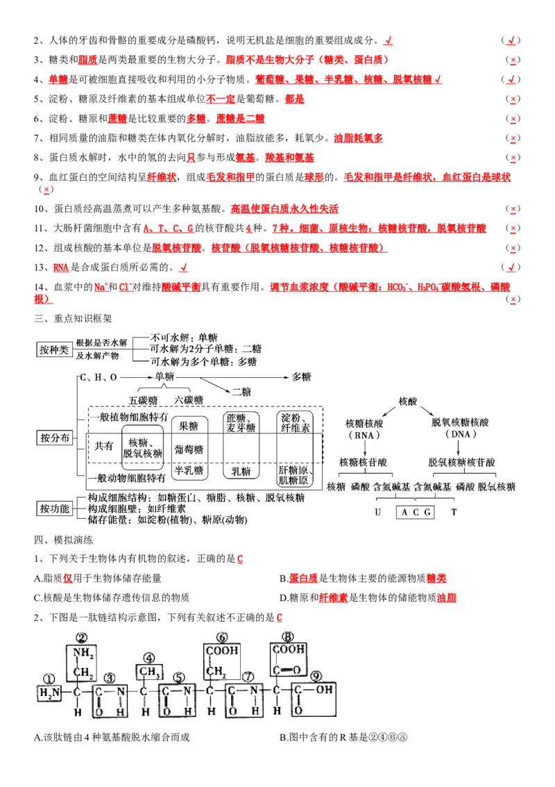 必修一知识点总结高一上学期生物人教版必修1_高中九科知识点归纳。_人教版高中Word电子版试卷练习试题知识点全科_高中生物试卷习题_生物必修_必修1