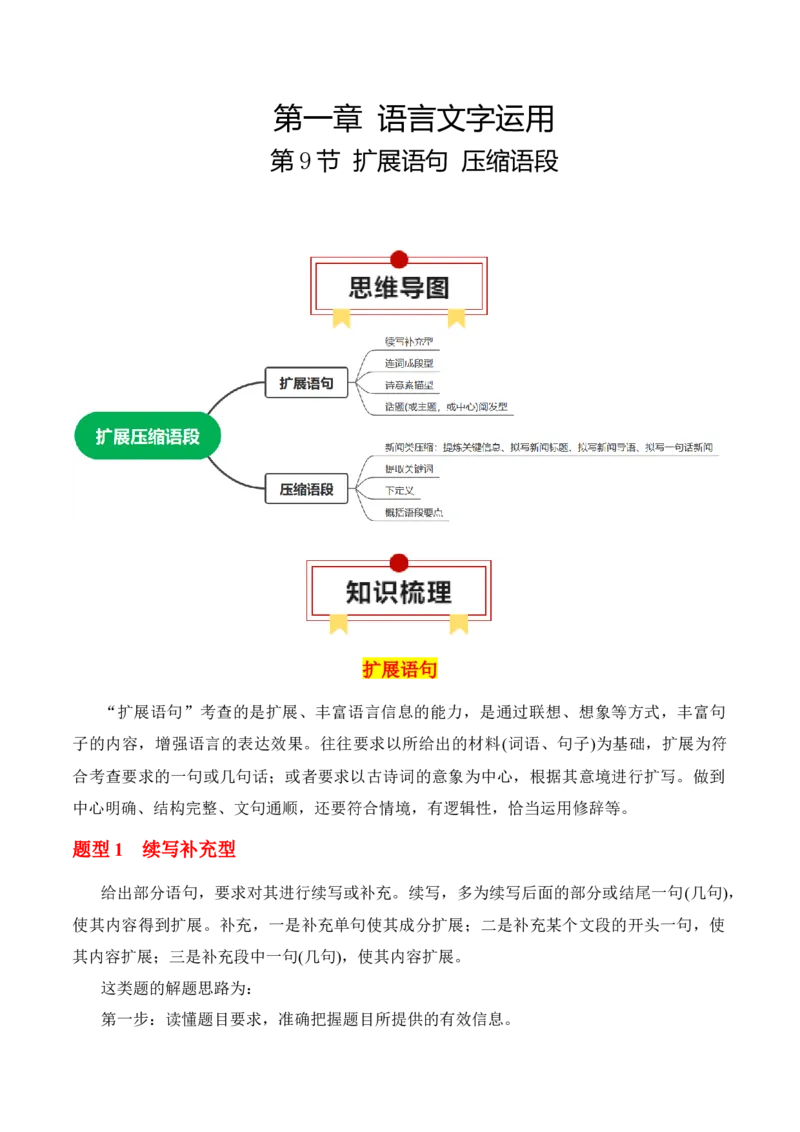 第9节扩展语句　压缩语段-口袋书2024年高考语文一轮复习知识清单（全国通用）（原卷版）_01高考语文_通用版（老高考）复习资料_2024年复习资料_第1章语言文字运用