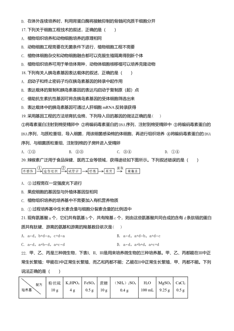 高二下学期期末学业质量监测考试生物试题（原卷版）_高中九科知识点归纳。_人教版高中Word电子版试卷练习试题知识点全科_高中生物试卷习题_生物选修_选修3
