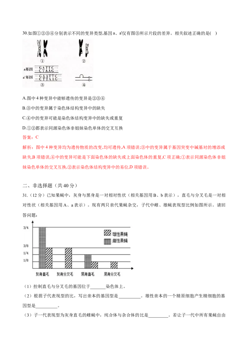 高一生物下学期期末测试卷01（新教材必修二）（解析版）_高中九科知识点归纳。_人教版高中Word电子版试卷练习试题知识点全科_高中生物试卷习题_生物必修_必修2