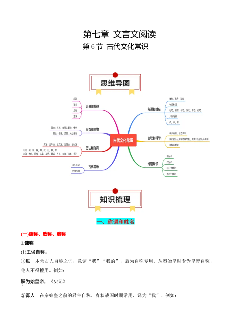 第6节古代文化常识-口袋书2024年高考语文一轮复习知识清单（全国通用）（原卷版）_01高考语文_通用版（老高考）复习资料_2024年复习资料_第7章文言文阅读