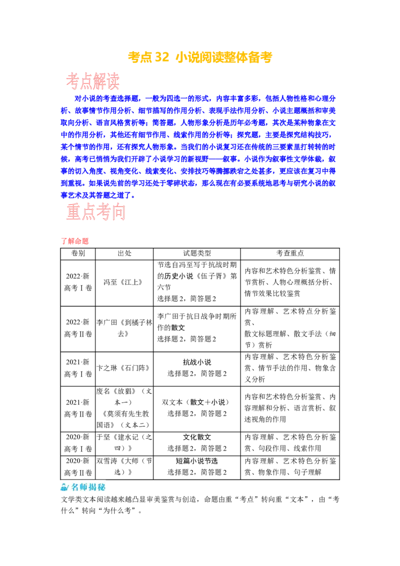 考点32小说阅读整体备考_01高考语文_新高考复习资料_2024年新高考资料_一轮复习资料_完备战2024年高考语文一轮复习考点帮（新高考专用）
