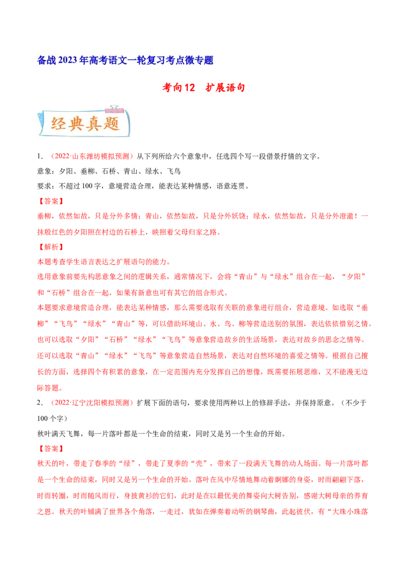 考向12扩展语句-备战2023年高考语文一轮复习考点微专题（新高考地区专用）（解析版）_01高考语文_32023年新高考资料_一轮复习