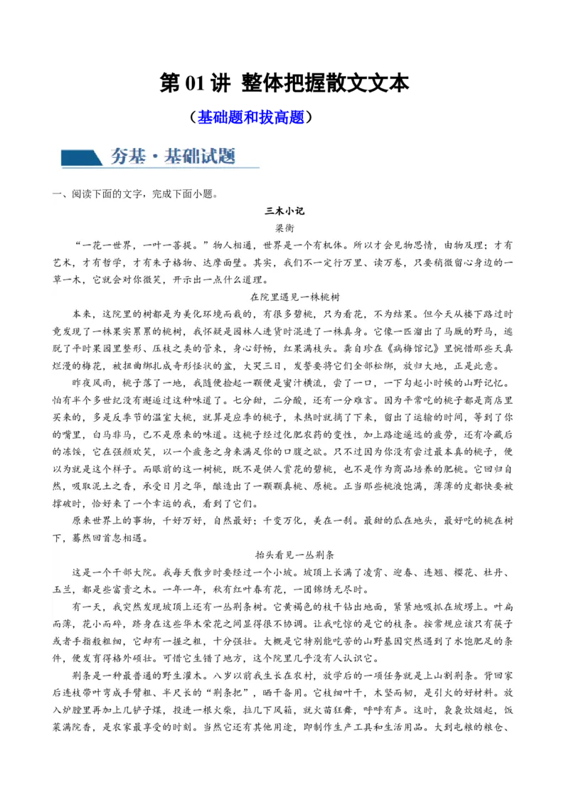 第01讲整体把握文本（练习）（原卷版）_01高考语文_新高考复习资料_2024年新高考资料_一轮复习资料_高考语文一轮复习讲练测（课件+讲义+练习）（新高考）_第一部分现代文阅读
