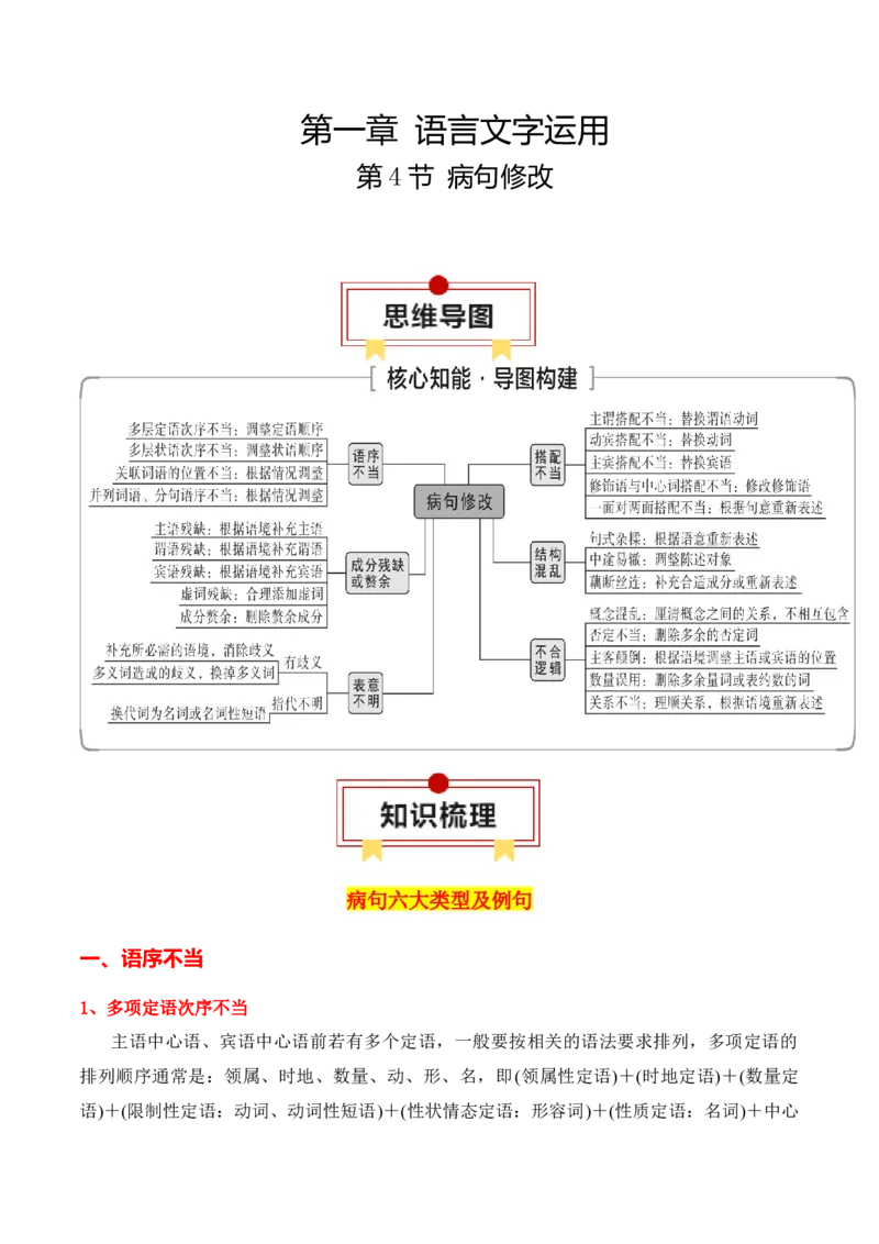 第4节病句修改-口袋书2024年高考语文一轮复习知识清单（全国通用）（原卷版）_01高考语文_通用版（老高考）复习资料_2024年复习资料_第1章语言文字运用