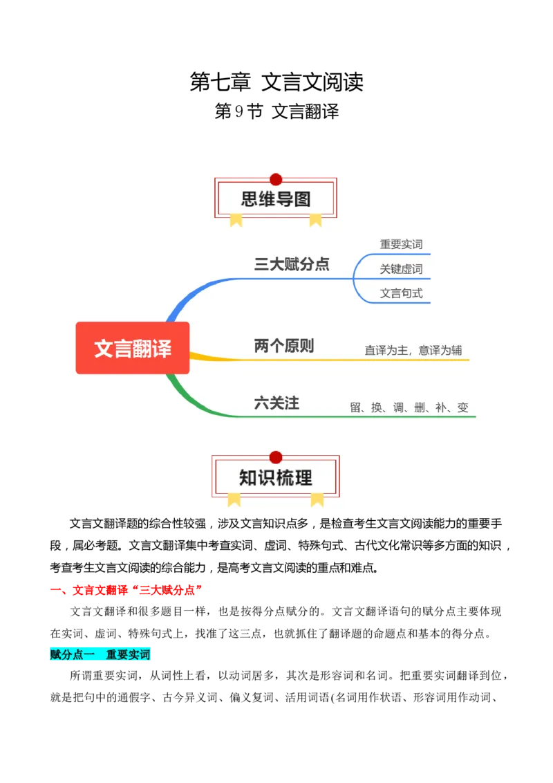 第9节文言翻译-口袋书2024年高考语文一轮复习知识清单（全国通用）（原卷版）_01高考语文_通用版（老高考）复习资料_2024年复习资料_第7章文言文阅读