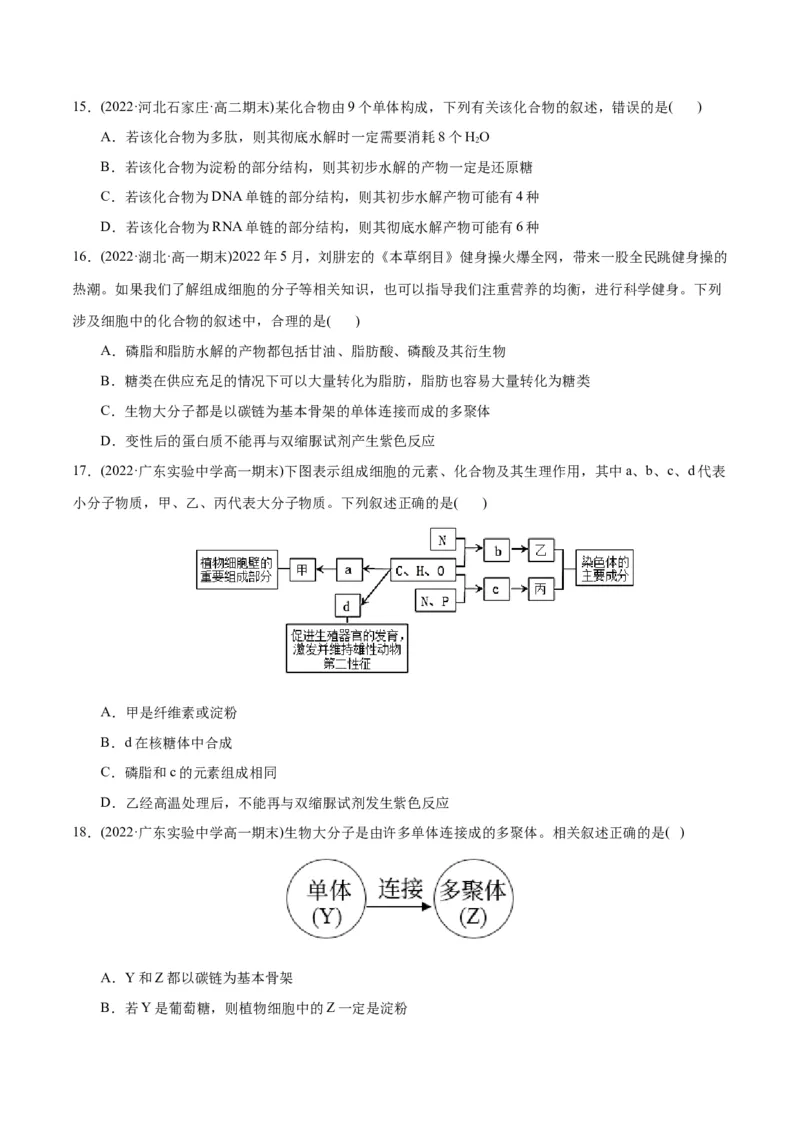 第2章组成细胞的分子（B卷&middot;能力提升练）（原卷版）_高中九科知识点归纳。_人教版高中Word电子版试卷练习试题知识点全科_高中生物试卷习题_生物必修_必修1_1.单元测试AB卷（第一套）