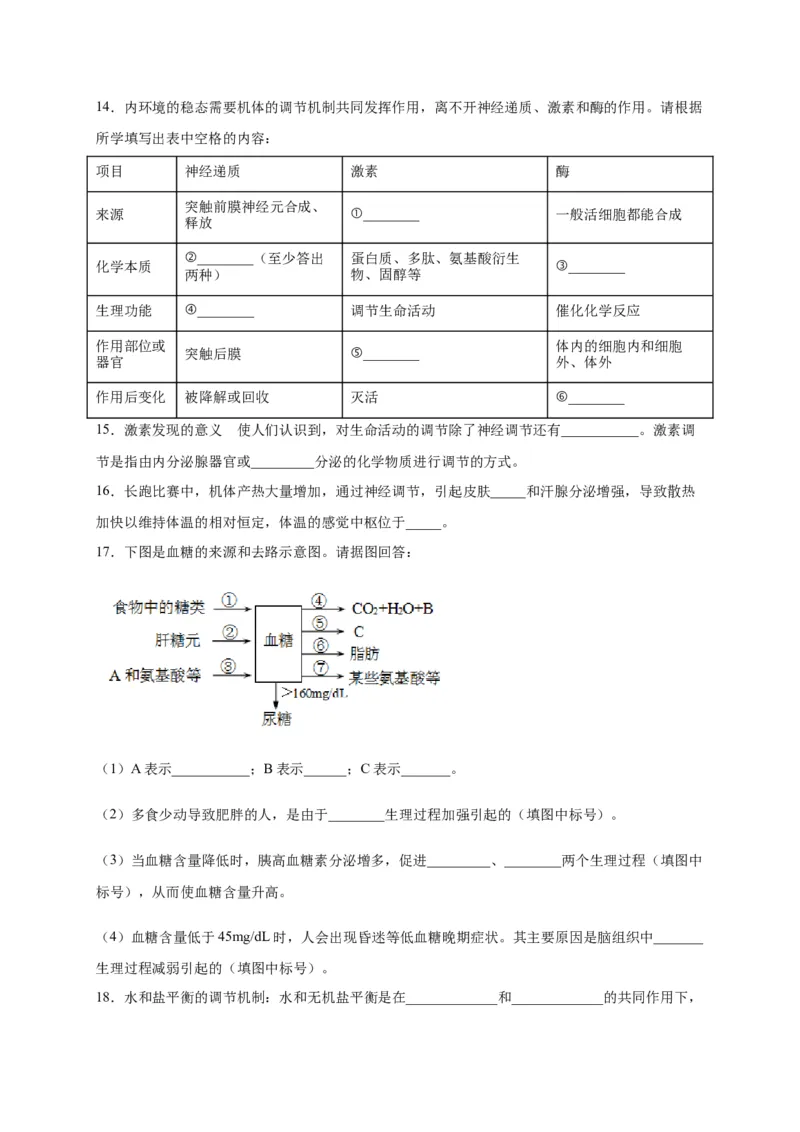 第3章体液调节单元测试卷人教版（2019）高中生物选择性必修1_高中九科知识点归纳。_人教版高中Word电子版试卷练习试题知识点全科_高中生物试卷习题_生物选修_选修1_第三章