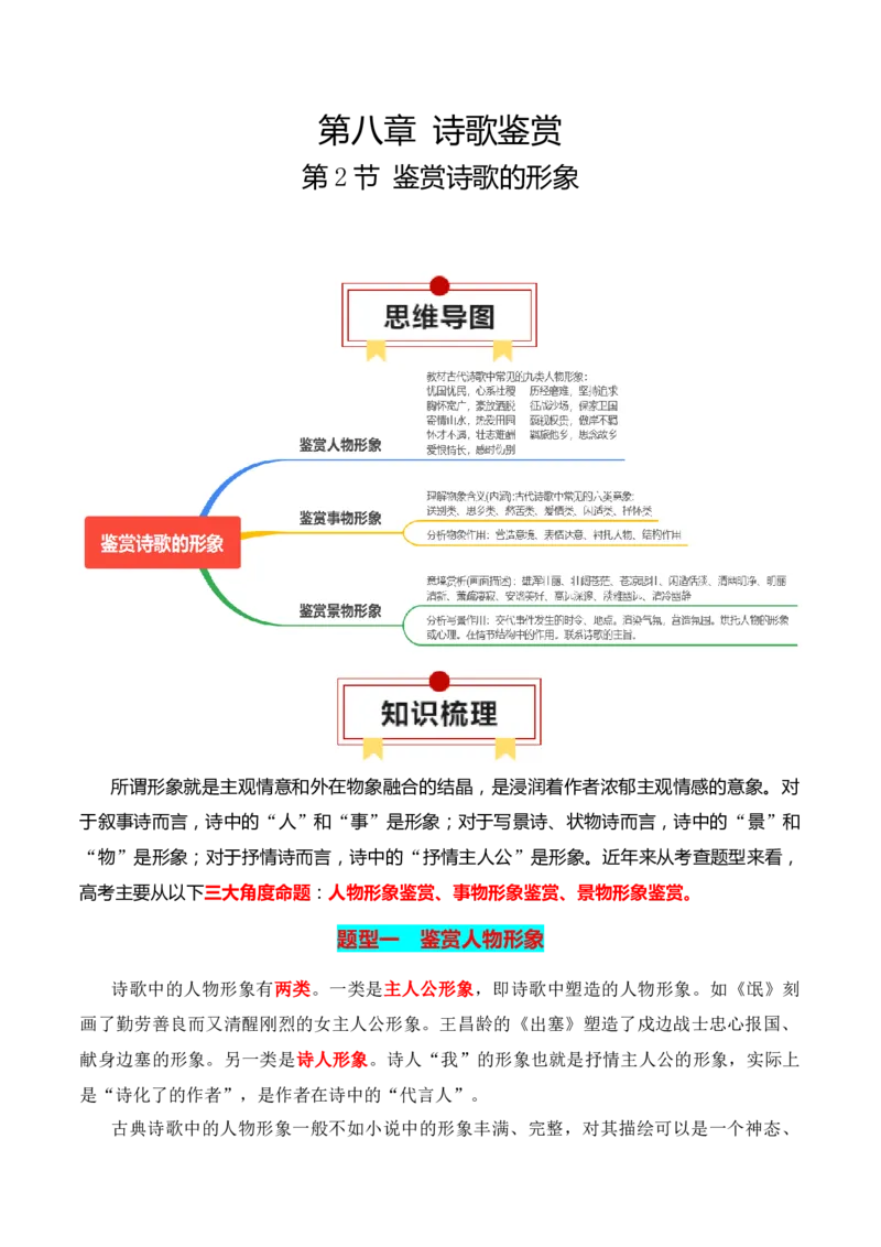 第2节鉴赏诗歌的形象-口袋书2024年高考语文一轮复习知识清单（全国通用）（解析版）_01高考语文_通用版（老高考）复习资料_2024年复习资料_第8章古代诗歌鉴赏