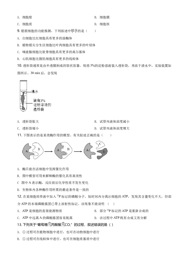 精品解析：北京市东城区高一上学期期末生物试题（原卷版）_高中九科知识点归纳。_人教版高中Word电子版试卷练习试题知识点全科_高中生物试卷习题_生物必修_必修1_2.各地真题