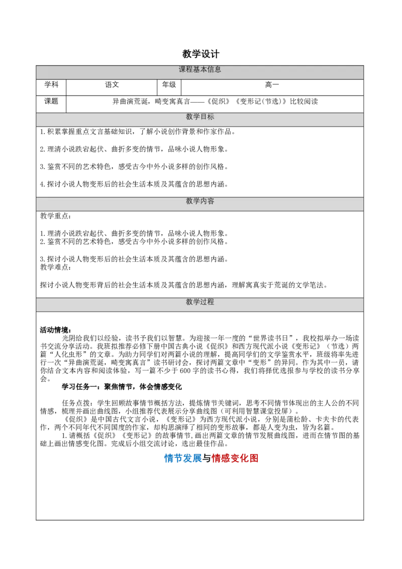 14《促织》《变形记（节选）》比较阅读（教学设计）-（统编版必修下册）_高语_高中语文_必修下册_教学设计