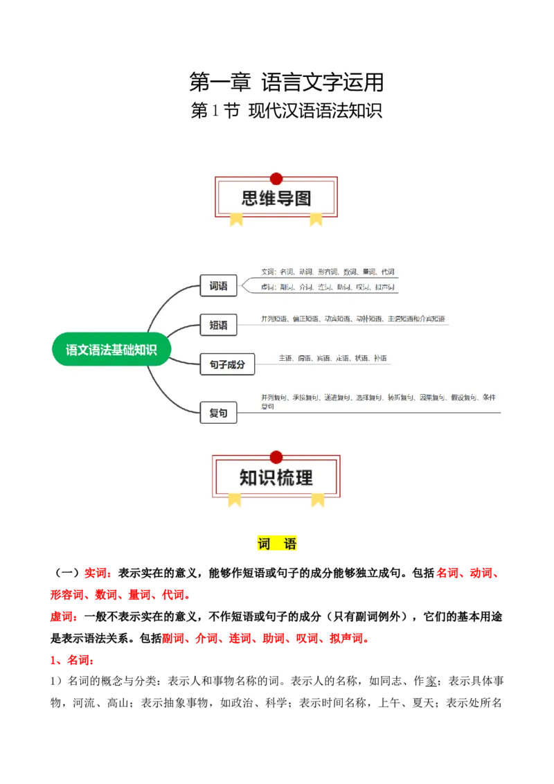 第1节现代汉语语法知识-口袋书2024年高考语文一轮复习知识清单（全国通用）（原卷版）_01高考语文_通用版（老高考）复习资料_2024年复习资料_第1章语言文字运用