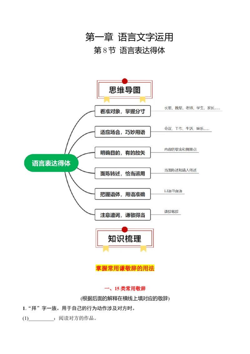 第8节语言表达得体-口袋书2024年高考语文一轮复习知识清单（全国通用）（原卷版）_01高考语文_通用版（老高考）复习资料_2024年复习资料_第1章语言文字运用