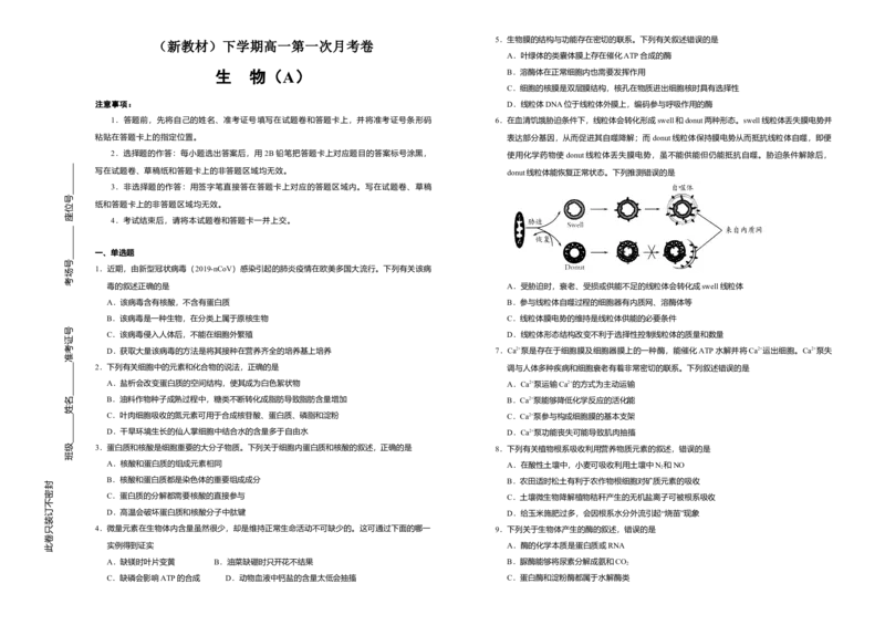 原创（新教材）下学期高一第一次月考卷生物（A卷）学生版_高中九科知识点归纳。_人教版高中Word电子版试卷练习试题知识点全科_高中生物试卷习题_生物必修_必修2