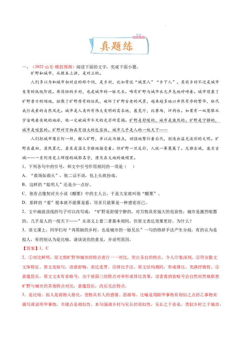 考向07赏析修辞-备战2023年高考语文一轮复习考点微专题（新高考地区专用）（解析版）_01高考语文_32023年新高考资料_一轮复习