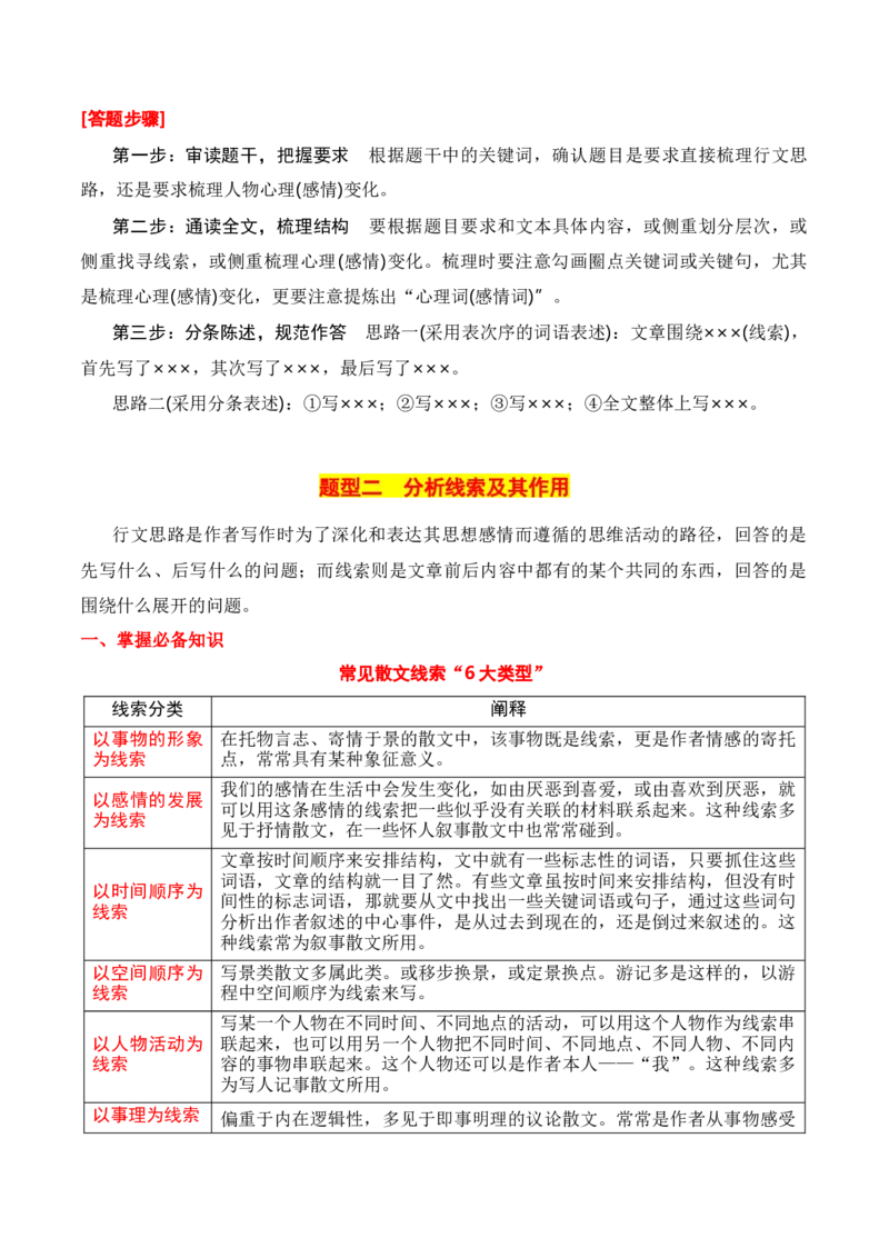 第1节分析结构思路-口袋书2024年高考语文一轮复习知识清单（全国通用）（解析版）_01高考语文_通用版（老高考）复习资料_2024年复习资料_第4章文学类文本阅读（二）散文