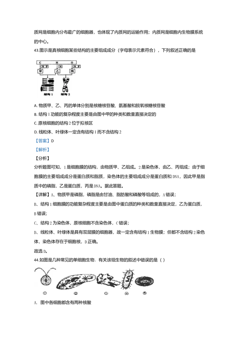 天津市耀华中学高一上学期期中考试生物试题Word版含解析_高中九科知识点归纳。_人教版高中Word电子版试卷练习试题知识点全科_高中生物试卷习题_生物必修_必修1