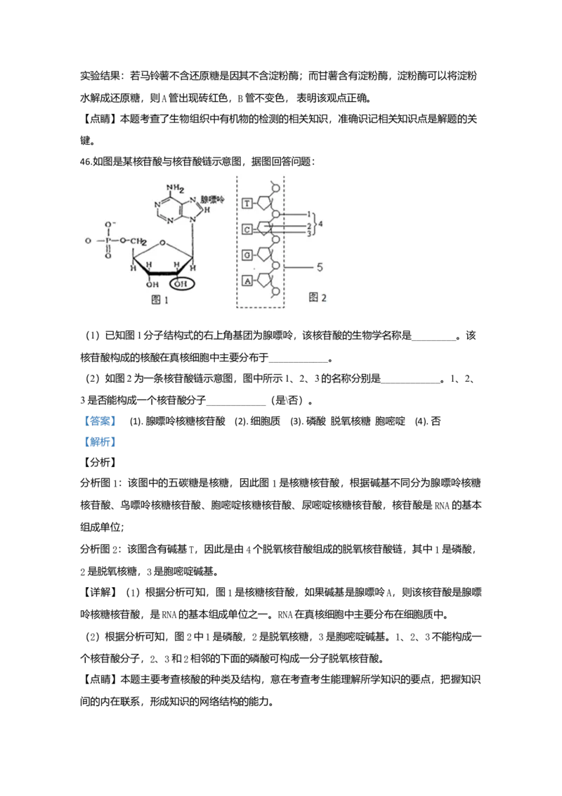 天津市耀华中学高一上学期期中考试生物试题Word版含解析_高中九科知识点归纳。_人教版高中Word电子版试卷练习试题知识点全科_高中生物试卷习题_生物必修_必修1