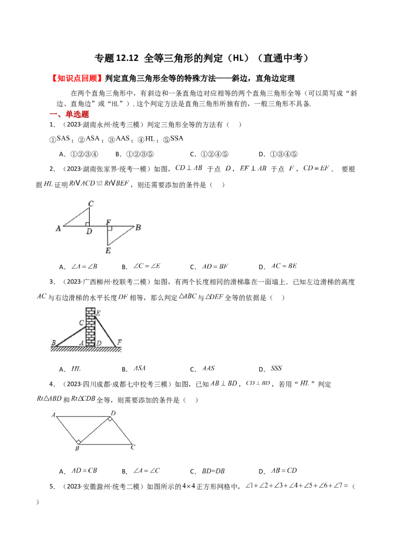 专题12.12全等三角形的判定（HL）（直通中考）-（人教版）_初中数学_八年级数学上册（人教版）_专题突破练习-V4_2024版